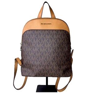 MICHAEL KORS Brown & Acorn Leather MK Monogram Coated Canvas Tech Backpack NWT